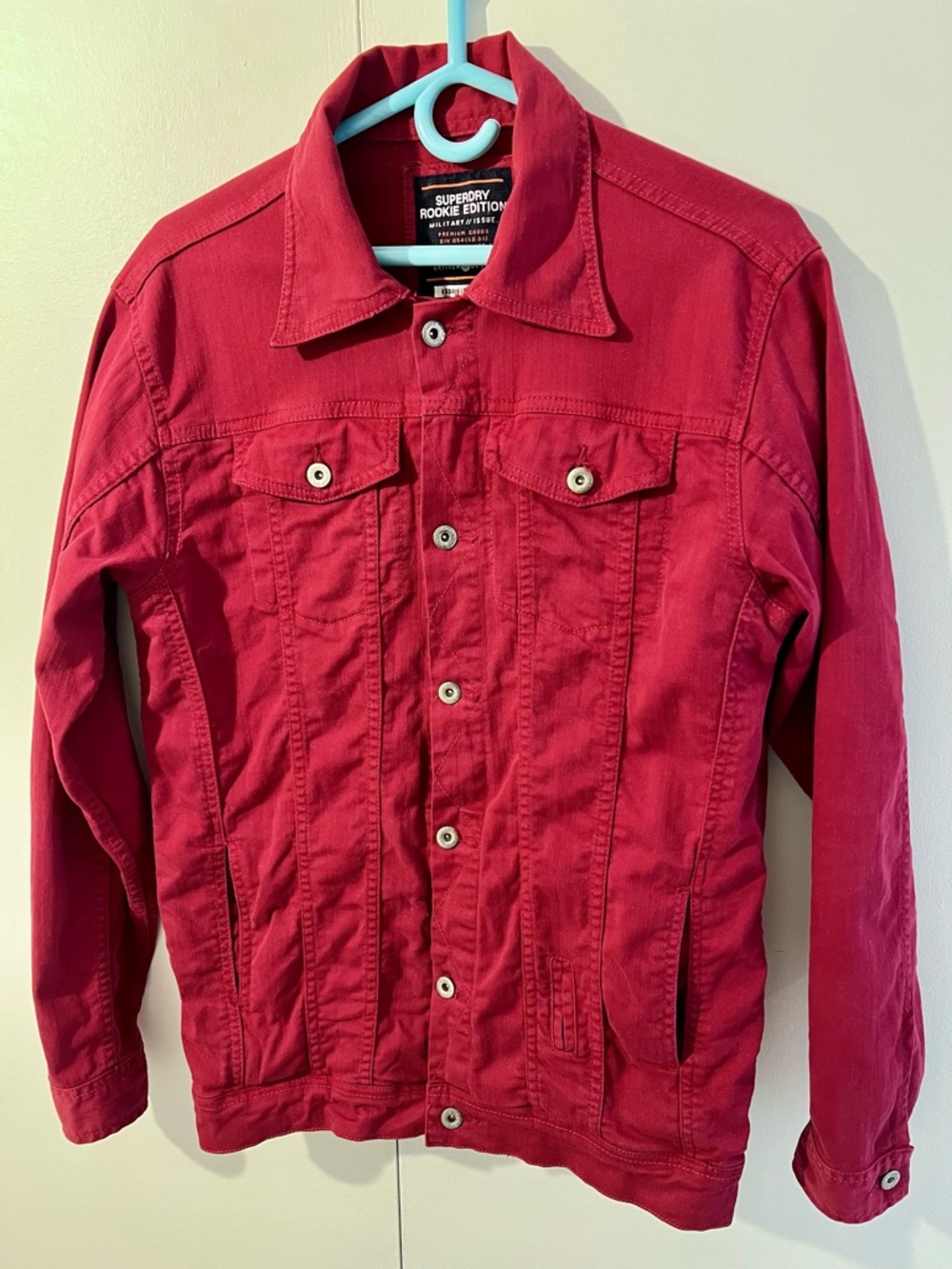 Superdry Men's Red Rookie Edition Military Denim Jean Jacket Medium Long